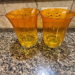 Vietri Amber Glass Hurricane Vases Set of 2 Made in Italy Orange Cups